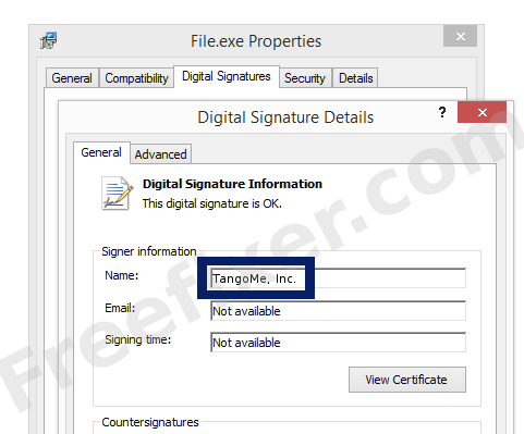 Screenshot of the TangoMe, Inc. certificate